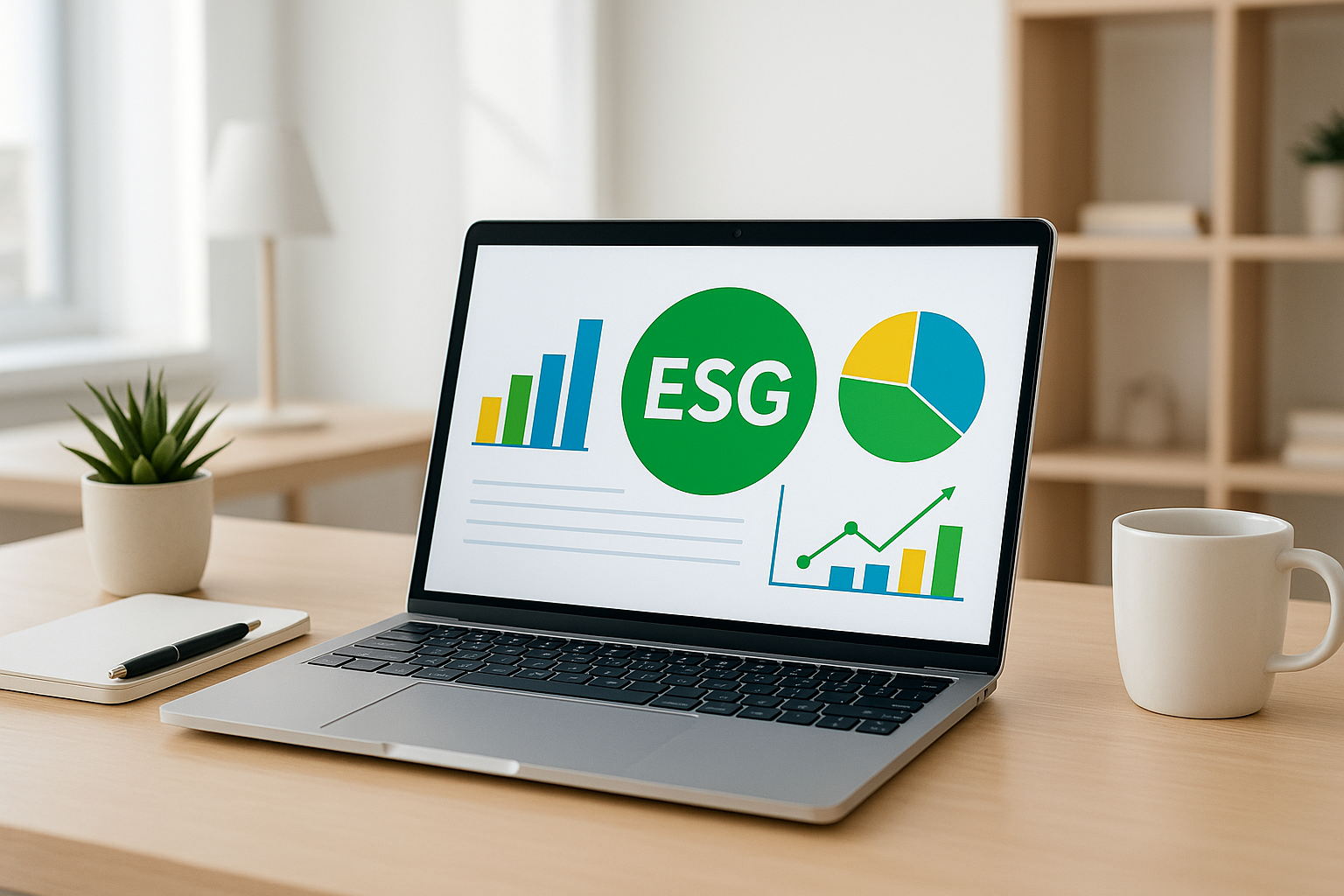 High-resolution photo of a modern office desk with a silver laptop open, showing colorful ESG graphs on screen. Bright daylight, minimal Scandinavian style interior.