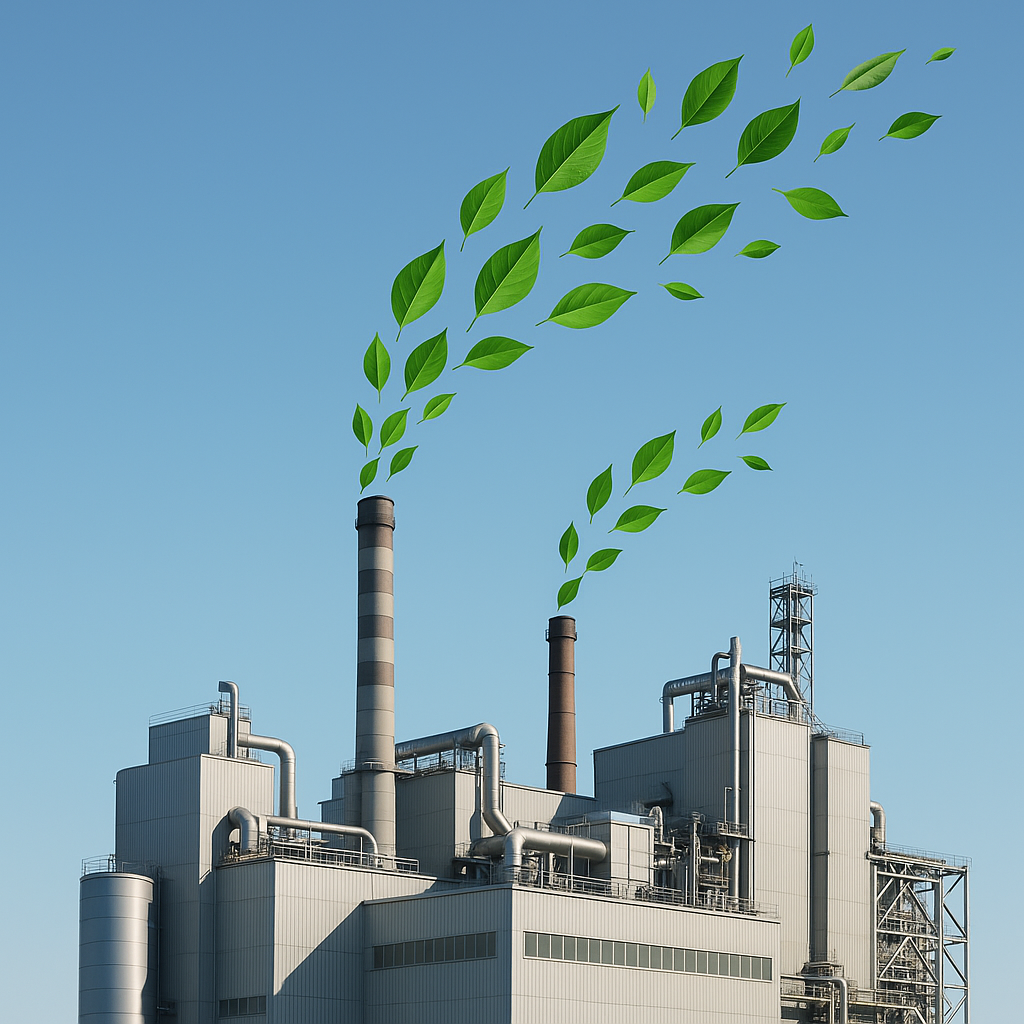 Photorealistic image of an industrial factory under a clear sky, but with green leaves floating gently from the smokestacks instead of smoke. Sharp, clean look.