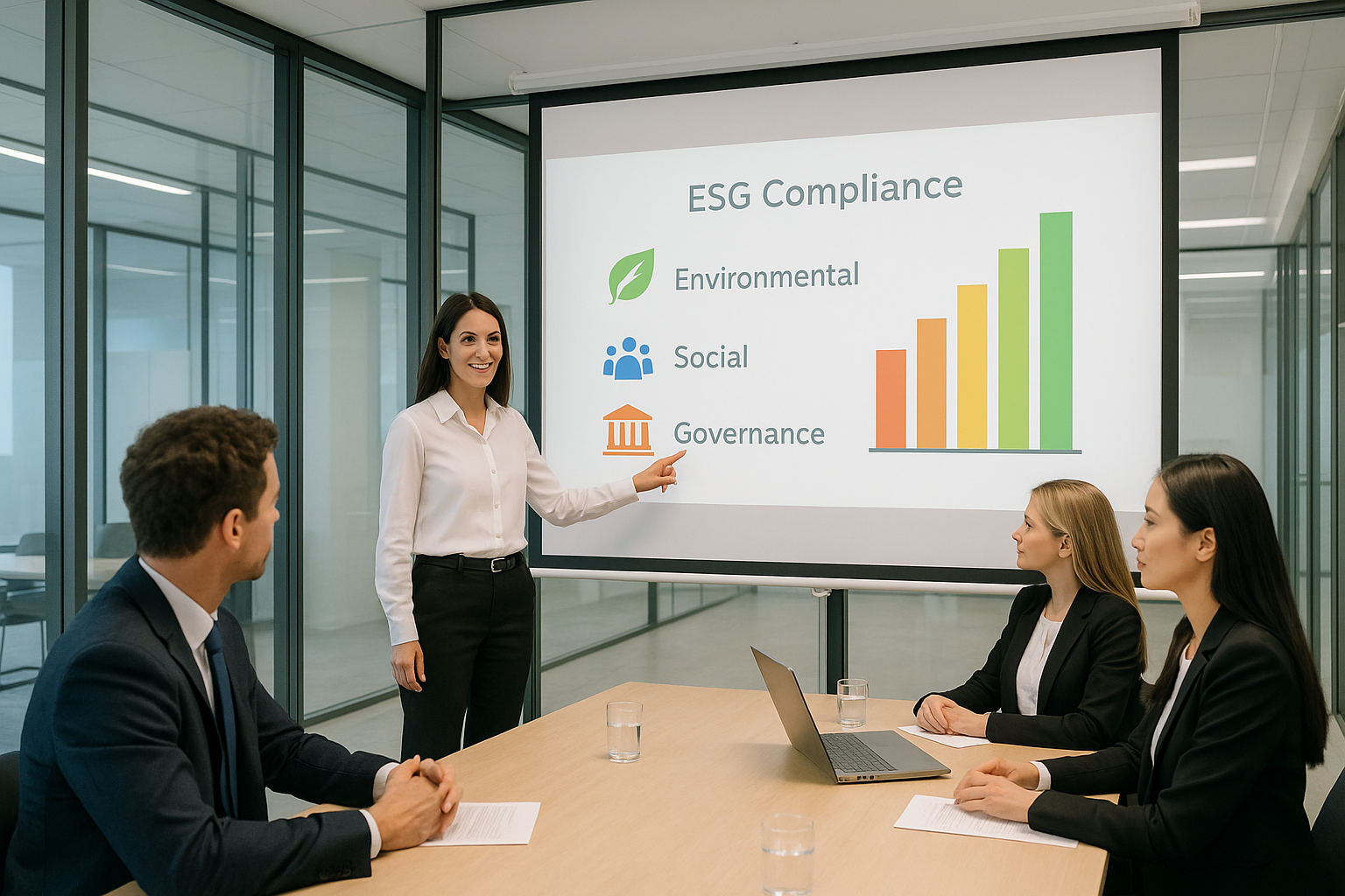 Corporate meeting room with glass walls, businesswoman presenting an ESG compliance chart on a projector screen to attentive colleagues. Bright and professional lighting.