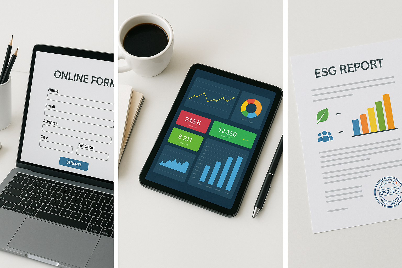 Business workflow photo sequence: laptop screen showing online form, tablet with colorful dashboard, printed ESG report on paper with a seal. Neatly staged on a white desk.